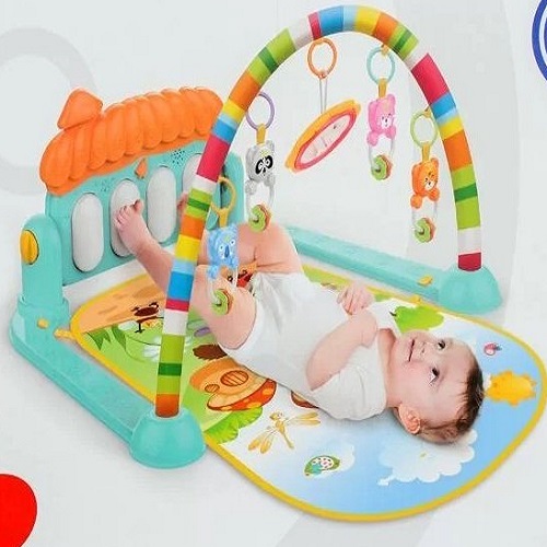 Piano Fitness baba játszószőnyeg – állatos csörgőkkel, hang-, és fényhatásokkal, altatózenével – kék (BBJ) (9)