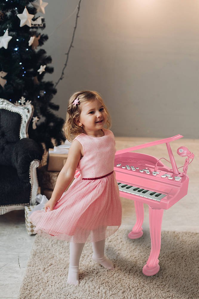 Rózsaszín játék zongora mikrofonnal és zongoraszékkel – 60 cm 2
