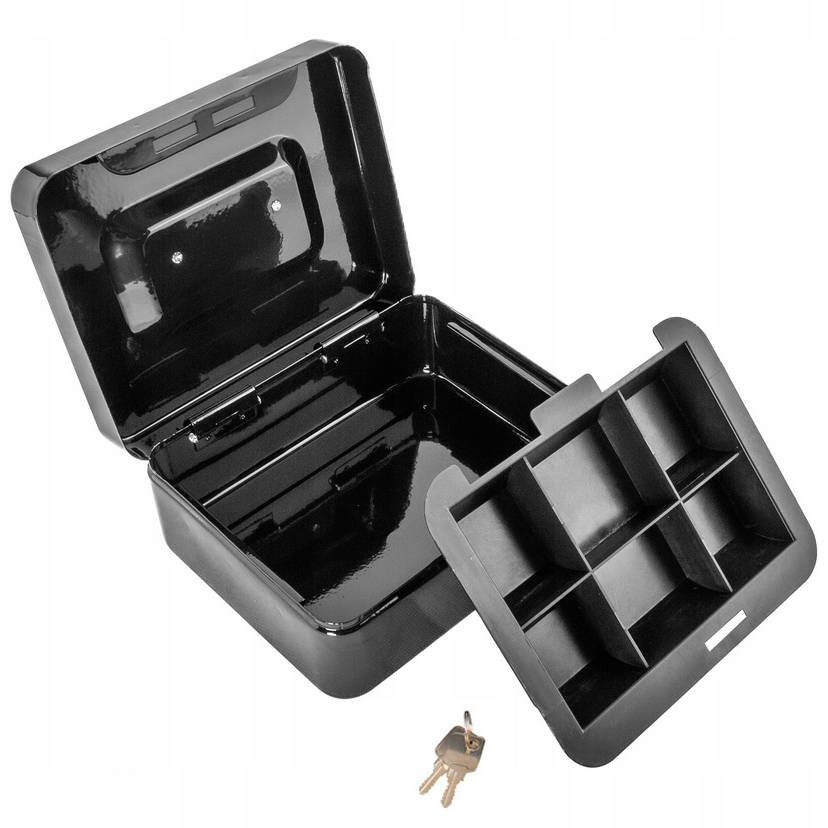 Kulcsra zárható, fekete, fém kasszadoboz rekeszekkel – pénzkazetta (BB0822) (4)