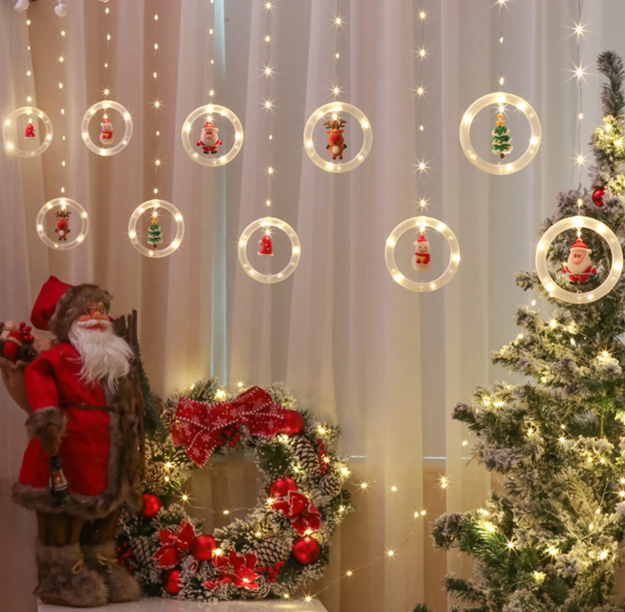 Karácsonyi fényfüzér 10 db gyűrűvel, 5 féle dísszel – lógó ablakdísz 110LED, 3M, melegfehér – (BBV)6