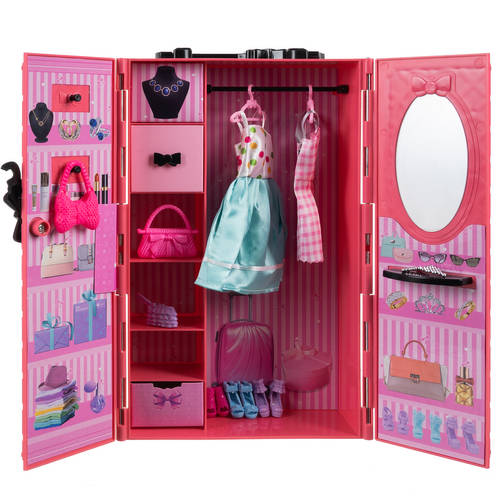 Hordozható ruhásszekrény bőrönben babáknak – 34x19x7cm , rózsaszín szín (BB-20585) (7)