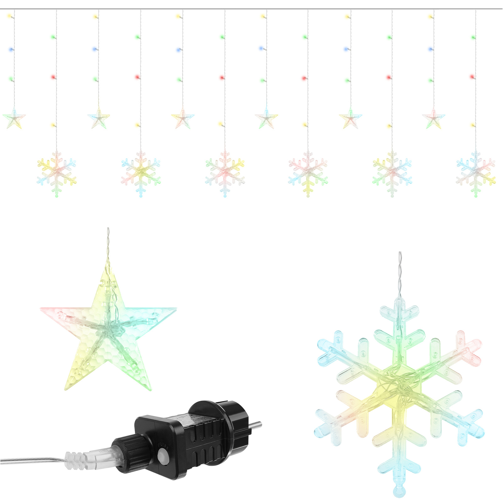 138 LED-es fényfüggöny csillagokkal és hópelyhekkel, kül-, és beltérre egyaránt – 5,7 méter, színes (BB-11323) (1)