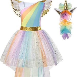 Farsangi unikornis jelmez kislányoknak szivárványszínű ruhával, fejdísszel és szárnyakkal - M méret - 120 cm magasságra (BBJ) - Image 12