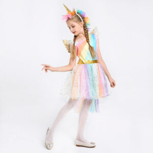 Farsangi unikornis jelmez kislányoknak szivárványszínű ruhával, fejdísszel és szárnyakkal - M méret - 120 cm magasságra (BBJ) - Image 11