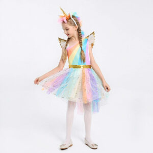 Farsangi unikornis jelmez kislányoknak szivárványszínű ruhával, fejdísszel és szárnyakkal - M méret - 120 cm magasságra (BBJ) - Image 16