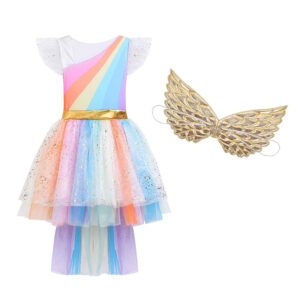 Farsangi unikornis jelmez kislányoknak szivárványszínű ruhával, fejdísszel és szárnyakkal - M méret - 120 cm magasságra (BBJ) - Image 13