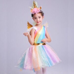 Farsangi unikornis jelmez kislányoknak szivárványszínű ruhával, fejdísszel és szárnyakkal - M méret - 120 cm magasságra (BBJ) - Image 10