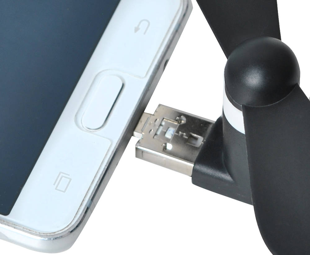 Hordozható mini USB és microUSB ventilátor telefonhoz és táblagéphez – 9 x 3,9 x 4cm, fekete szín (BB-5770) (1)