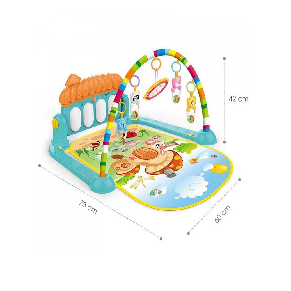 Piano Fitness baba játszószőnyeg – állatos csörgőkkel, hang-, és fényhatásokkal, altatózenével – kék (BBJ) (1)