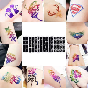 Glitter tattoos kit - 24 db színes csillámporral, rengeteg felragasztható sablonnal, ecsetekkel és ragasztókkal (BBJ) (BBLPJ) - Image 9