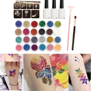 Glitter tattoos kit - 24 db színes csillámporral, rengeteg felragasztható sablonnal, ecsetekkel és ragasztókkal (BBJ) (BBLPJ) - Image 8