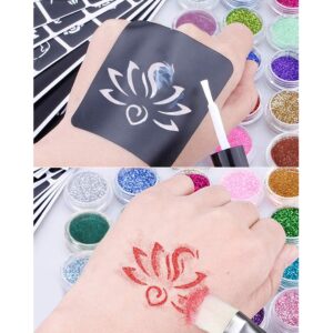 Glitter tattoos kit - 24 db színes csillámporral, rengeteg felragasztható sablonnal, ecsetekkel és ragasztókkal (BBJ) (BBLPJ) - Image 5