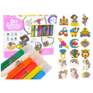 Medál készítő szett gyerekeknek 6 féle színes festékkel, sablonokkal, láncokkal, gyöngyökkel - kreatív hercegnős ékszer készítő (BBJ) - Image 3