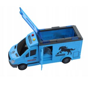 Világító és zenélő, lószállító kocsi kinyitató ajtókkal és játék lóval - 25 x 11 x 8 cm - kék (BBMJ) - Image 3