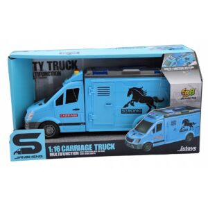 Világító és zenélő, lószállító kocsi kinyitató ajtókkal és játék lóval - 25 x 11 x 8 cm - kék (BBMJ) - Image 4