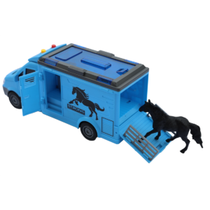 Világító és zenélő, lószállító kocsi kinyitató ajtókkal és játék lóval - 25 x 11 x 8 cm - kék (BBMJ) - Image 6