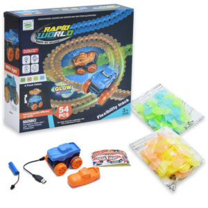 54 részes, kreatív, többféleképpen összerakható autópálya gyerekeknek 2 db dínós kisautóval - világít a sötétben (BBJ) - Image 6