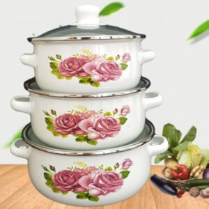 6 részes retro edénykészlet - hagyományos zománcozott lábasok átlátszó fedővel és festett rózsa mintával (BBA) - Image 3