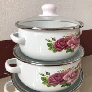 6 részes retro edénykészlet - hagyományos zománcozott lábasok átlátszó fedővel és festett rózsa mintával (BBA) - Image 8