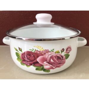 6 részes retro edénykészlet - hagyományos zománcozott lábasok átlátszó fedővel és festett rózsa mintával (BBA) - Image 5