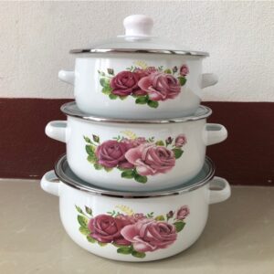 6 részes retro edénykészlet - hagyományos zománcozott lábasok átlátszó fedővel és festett rózsa mintával (BBA) - Image 6