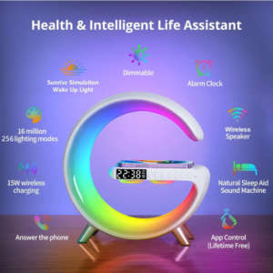 G63 Multifunkciós szórakoztató állomás – Bluetooth hangszóró, vezeték nélküli töltő, RGB LED party fény és éjszakai lámpa – 10W (BBV) - Image 5