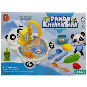 Pandás mosogató készlet gyerekeknek - elemes játék konyhai mosogató szett tányérokkal, evőeszközökkel - 26 x 21 x 20,5 cm (BBLPJ) - Image 4