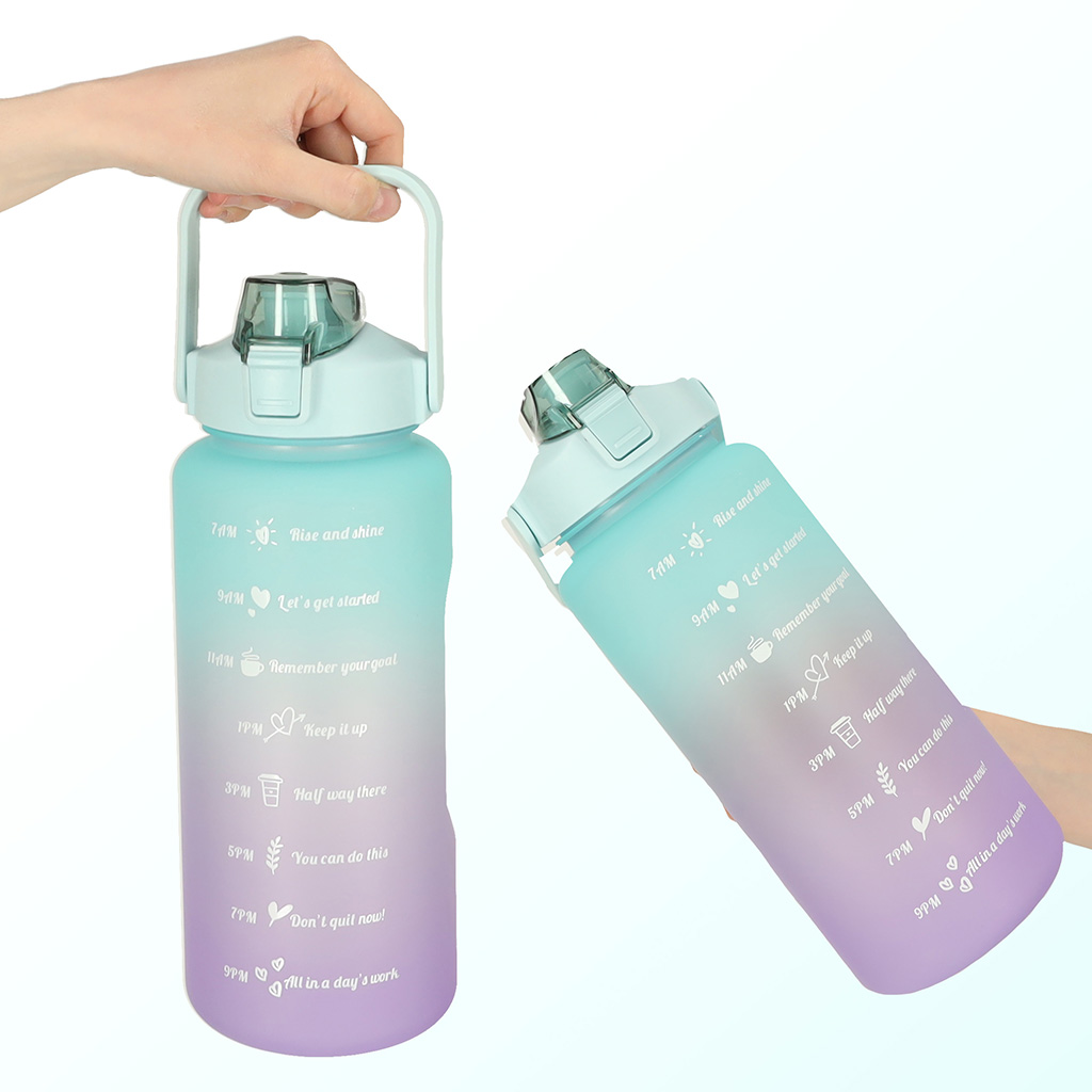 Könnyen hordozható vizes palack szívószállal, fogantyúval – színes kulacs motivációs üzenetekkel, 2000ml (BBI- 4667)9