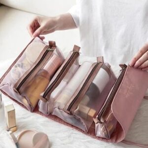Összehajtható utazó kozmetikai táska 4 rekesszel - 3 kivehető résszel, feltekerhető, pink (BBI-4107) - Image 4
