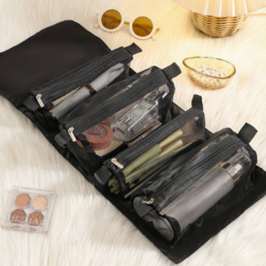 Összehajtható utazó kozmetikai táska 4 rekesszel – 3 kivehető résszel, feltekerhető, fekete (BBI-4107-1 ) - Image 3