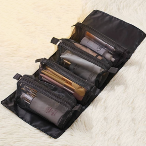 Összehajtható utazó kozmetikai táska 4 rekesszel – 3 kivehető résszel, feltekerhető, fekete (BBI-4107-1 ) - Image 6