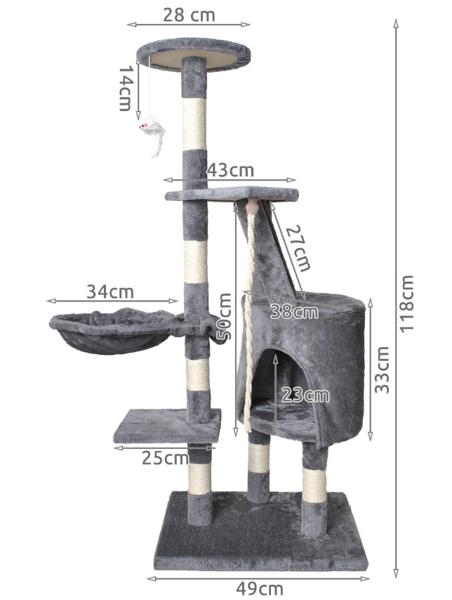 Macska mászóka kaparófával, fekvőhellyel, kuckóval és játék egérrel – 118 x 49 cm, szürke (BB-7935)1
