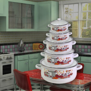 10 részes retro zománcozott lábaskészlet – átlátszó fedővel és festett mintával (BBL) (BBKM) - Image 3