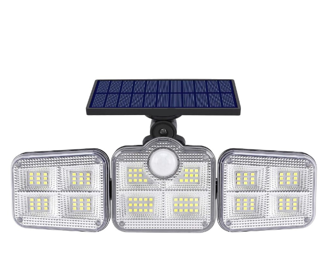 138 SMD LED-es 3 Fejes napelemes kültéri fali lámpa mozgásérzékelővel 5