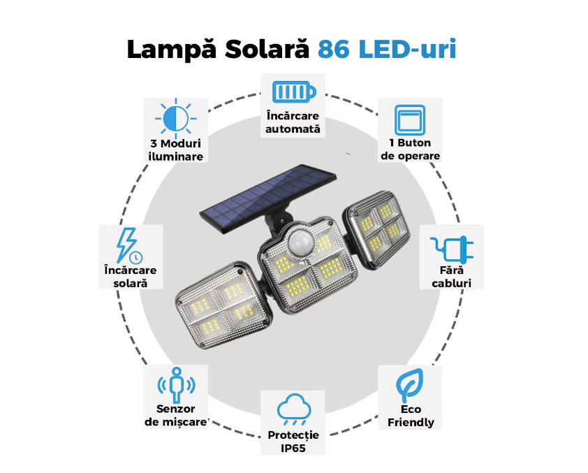 138 SMD LED-es 3 Fejes napelemes kültéri fali lámpa mozgásérzékelővel 6