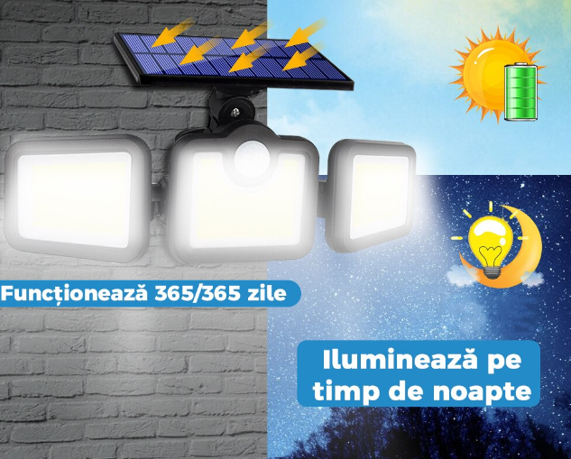 138 SMD LED-es 3 Fejes napelemes kültéri fali lámpa mozgásérzékelővel 7