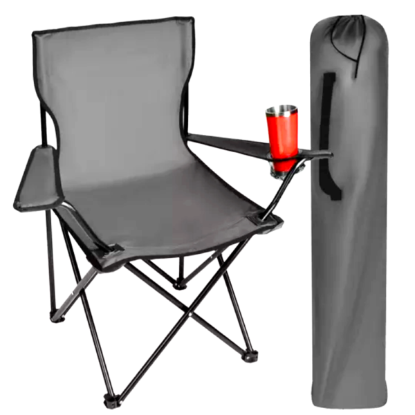 Összecsukható és könnyen hordozható kempingszék italtartós karfával és 100 kg teherbírással - szürke horgászszék