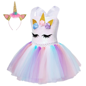 Farsangi unikornis tündérruha jelmez szivárványszínű ruhával és fejdísszel - S méret 110 cm magasságra (BBJ) - Image 6
