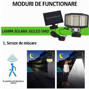 Napelemes, 161  LED-es mozgás- és fényérzékelős lámpa – 3 üzemmód, 2400mAh akkumulátor külön álló napelemmel (BBV) - Image 5