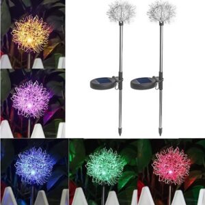 2 db színes pitypang hatású napelemes kerti lámpa – földbe szúrható, alumínium drótgömb design (BBD) - Image 3