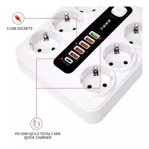 3000W elosztó 5 USB porttal és 1 C csatlakozóval – 10A, fehér színben, hő- és tűzálló kivitelezéssel (BBV) - Image 3