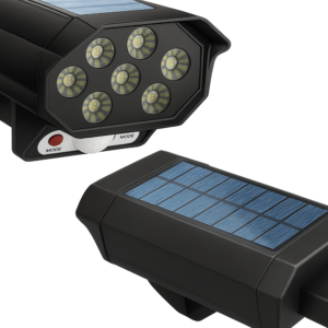 Mozgásérzékelős napelemes LED lámpa álkamerás CCTV hatással – kültéri biztonsági világítás távirányítóval BK-36 (BBL) - Image 7