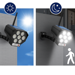 Mozgásérzékelős napelemes LED lámpa álkamerás CCTV hatással – kültéri biztonsági világítás távirányítóval BK-36 (BBL) - Image 4