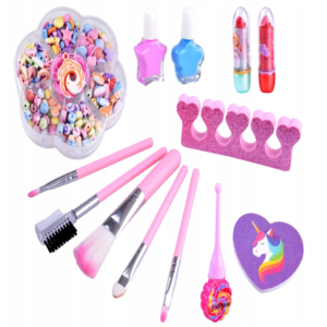 Unikornisos gyerek smink- és ékszerkészlet lányoknak – mosható smink, tükörrel, körömlakkal és gyöngyfűző szettel, 3 fiókos tárolóban (BBJ) - Image 6