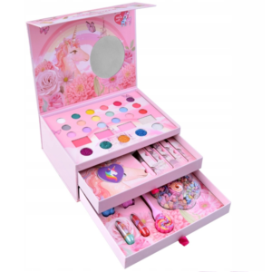 Unikornisos gyerek smink- és ékszerkészlet lányoknak – mosható smink, tükörrel, körömlakkal és gyöngyfűző szettel, 3 fiókos tárolóban (BBJ) - Image 3