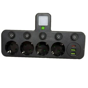 6 az 1-ben asztali töltőállomás – 4 konnektor, 2 USB + 1 USB-C porttal, kompakt elosztó otthonra és irodába HG-278 (BBJH) - Image 6