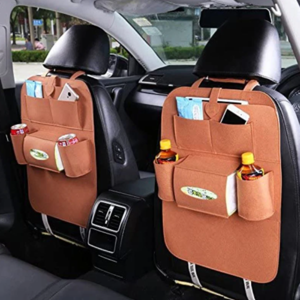 Autós ülés háttámla rendező – 55×40 cm-es vízálló, többzsebes tároló zsebes szervező gyerekeknek és utazáshoz - barna (BLLV)