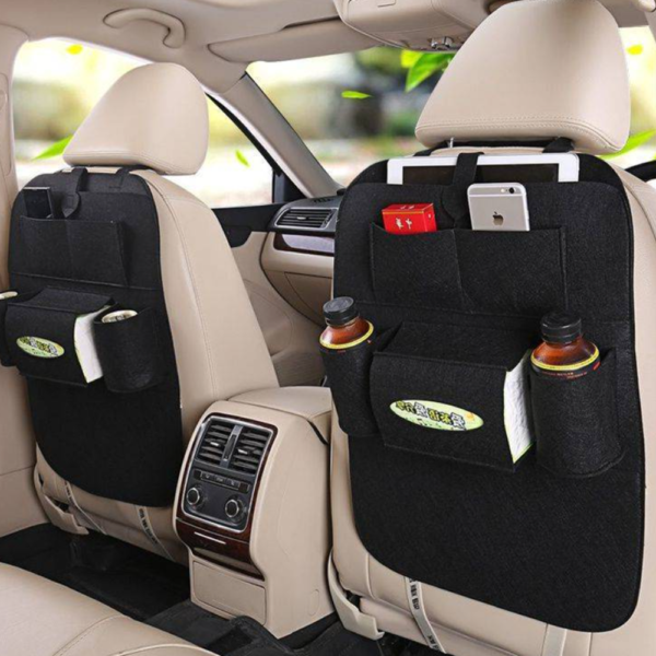Autós ülés háttámla rendező – 55×40 cm-es vízálló, többzsebes tároló zsebes szervező gyerekeknek és utazáshoz - fekete (BLLV)