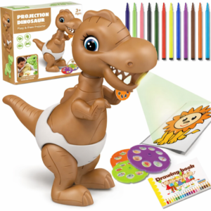 Dínós rajzprojektor gyerekeknek 3 éves kortól – 24 mintás vetítős rajzkészlet mozgó fejjel (BBMJ)