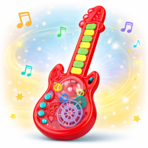 RockManó piros zenélő gitár gyerekeknek – interaktív érzékszervi fejlesztő játék 29×11 cm (BBJ) - Image 3